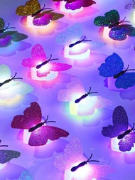 LED蝴蝶裝飾燈多色夜燈3D蝴蝶牆貼，閃亮閃爍的壁貼燈適用於臥室、婚禮、花園、後院、派對、草坪、客廳裝飾(隨機款式)