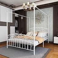 JURMERRY Metal Canopy Bed Frame with Ornate European Style Headboard &amp; Footboard Sturdy Steel Holds 660lbs Perfectly Fits Your Mattress Easy DIY Assembly,White,Queen