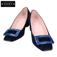 二手 Roger Vivier 藍色搭扣絨面革方頭高跟鞋，尺寸 36 1/2。