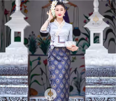 Thai Traditional Women's Peacock Blue Embroidered Tube Skirt Sarong Festival Clothing