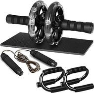 Abs Roller Wheel with Non-Slip Knee Pad, Pushup Stands &amp; Adjustable Jump Rope Total Body Men &amp; Women Exercise Home Workout Equipment (Black)