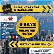 eSIM China + HK+Macau Auto-ON Facebook Instagram Google Unlimited 5G/4G eSIM