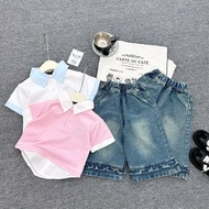 [9-INCH PANTS] Ruffled Jeans Set, Alo Embroidered Shirt Collar