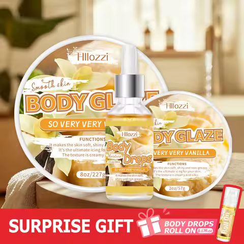 Vanilla-scented 30 ml/1 fl oz Body Drops, plus 2 oz/57 g or 8 oz Body Glaze, and a complimentary 5 m