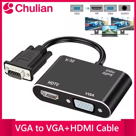 VGA to HDMI Adapter Splitter with 3.5 Audio Converter Support Dual Display for Projector HDMI-Compat