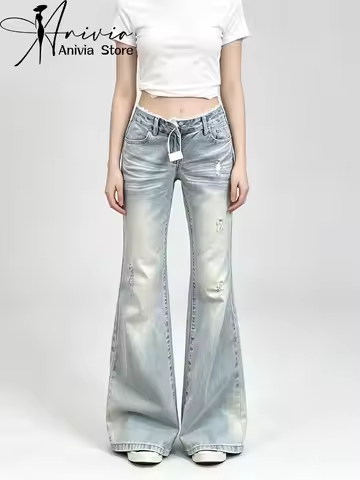 Women's Blue Lace Denim Pants Baggy Y2K Japanese Harajuku Streetwear Aesthetic Tailored Vintage Long