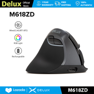 Delux M618ZD เมาส์แนวตั้งมือซ้ายแบบมีสาย &amp; ไร้สายชาร์จได้ตามหลักสรีรศาสตร์สูงสุด4000 DPI 2.4G บลูทูธ6ปุ่มพร้อมไฟ RGB เงียบคลิกขนาด S สำหรับมือถือขนาดเล็กออปติคัลสำหรับ PC/แล็ปท็อป/Windows/mac