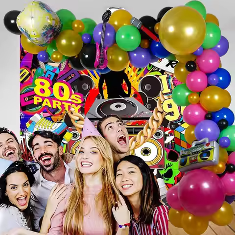 90S 80S Theme Party Balloons Backdrop Decorations Radio Guitar Disco Ball Gold Purple Balloons for B