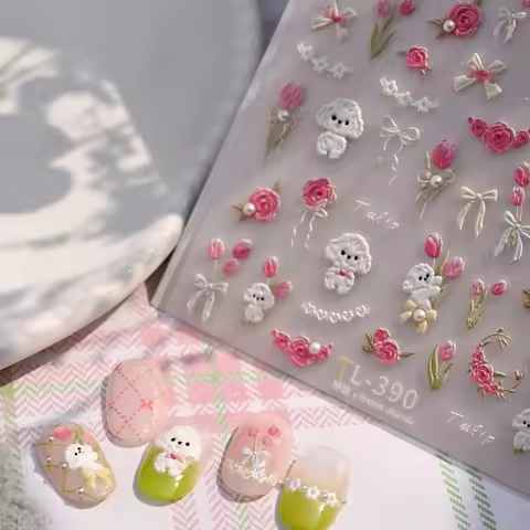 Cute Bichon Frise Pink Rose Flower Tulip White Wreath Bouquet Pearl Line Bowknot Self Adhesive Nail 