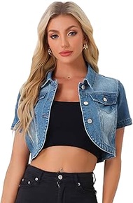 Women's Denim Jacket Lightweight Transition Jacket Lapel Short Sleeve Crop Denim Jacket, Demin Blue,