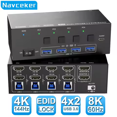 Navceker 8K KVM Switch HDMI 4 Port 4K 120Hz USB 3.0 KVM Switch 4 PC 2 Monitor EDID Emulator Dual Mon
