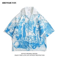 Evisu Boyue Silk Leap Hawaiian Cuban collar graffiti shirt ice silk high-end sensory retro Ins niche