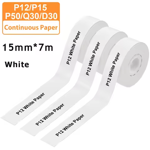 3pcs 15mm x7m Continuous Label Paper fit for P12 P15 Phomemo D30 Q30 Printer Waterproof Self Adhesiv
