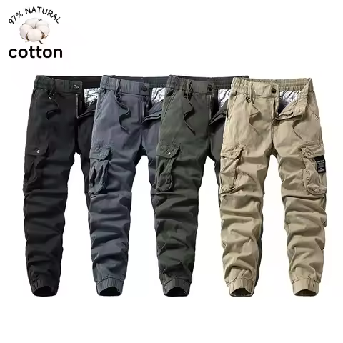 2026 Men's Baggy Cargo Pants 97%Cotton Work Trousers Multi-Pocket Casual Sports Pants Elastic Waist 