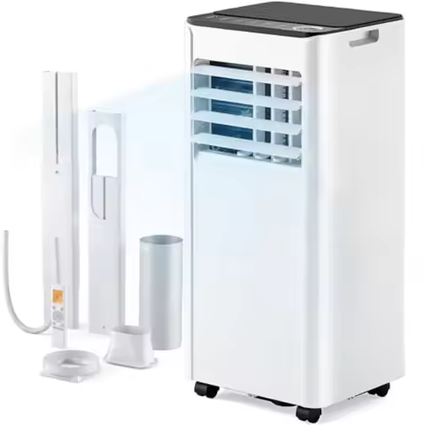 Portable air conditioner for bedroom and living room use, white plastic unit with 10, 000 BTU coolin