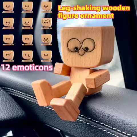 Cute Car Shaking Wooden Man Figurine Interior Wood Ornaments with 12 Magnetic Expressions Handmade W