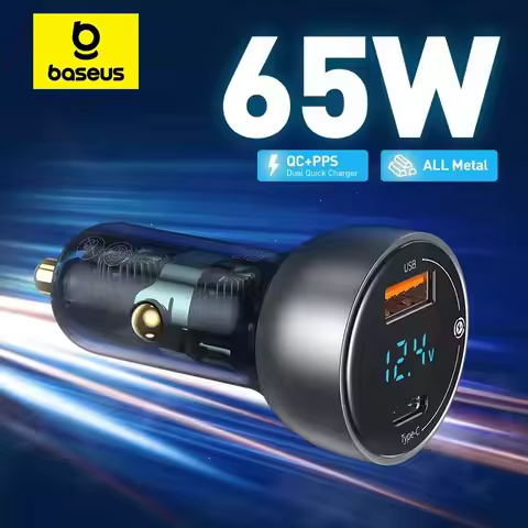 Baseus 65W PPS Car Charger USB Type C Dual Port PD QC Fast Charging For Laptop Translucent Car Phone