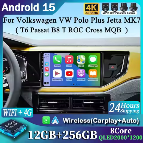 For Volkswagen VW Polo Plus Jetta MK7 T6 Passat B8 T ROC Cross MQB 2K 12+256 QLED Android 15 CarPlay