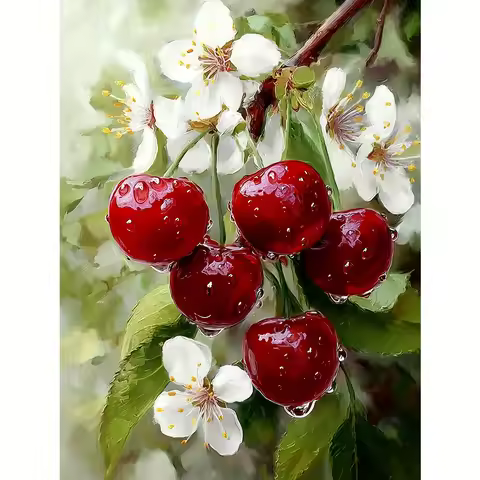 Acrylic Diamond Painting Kit, Cherry, Adult Unframed 5D Diamond Painting Set, All Artificial Round S
