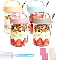 DIYJEP Pack of 4 Overnight Oats Jars with Lid and Spoon, Reusable Glass Cereal Cups to Go, 14 oz/410