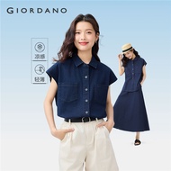 GIORDANO Women Shirts Cool-Touch Lightweight Denim Shirts Double Pockets Cap Sleeve Summer Fashion C