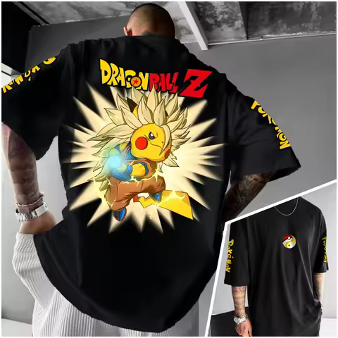 Bandai Super Saiyan Pikachu Dragon Ball × Pokémon Oversized Anime Print Adult Kids T-Shirts Summer Q