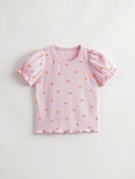 年輕女孩的甜美和有趣的水果圖案印花彈性圓領蓬袖短袖t恤夏季款式