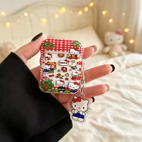 Cute Cartoon Wave Red Grid Hello Kitty Headphone Case for AirPods 4 2 3 Pro3 Pro2 Shockproof with Pe