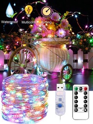 精靈燈50/100/200/300 Led Usb閃爍串燈,插頭式銀線燈具備有遙控器與計時器,共8種燈光模式,室內/戶外防水星光燈具可自行diy應用於派對和婚禮裝飾(多色)