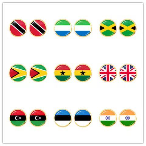 National Flag 12mm Stud Earrings Trinidad,Sierra leone,Jamaica,Guyana,Ghana,UK,Libya,Estonia,India G