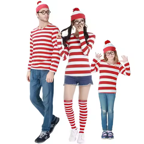 Parent-Child Cartoon Where is Wally Waldo Costume Waldo Book Week Cosplay Outfit Stripe Shirt Hat Gl