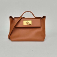 HERMES 2424Mini21Z刻37金棕色EC皮金扣肩背包