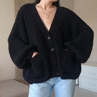 純棉手工針織開襟外套 Black 針織外套 寬鬆針織開襟外套 毛衣外套