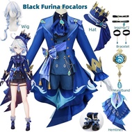 Furina Cosplay Costume Wig Hair Impact Fontaine Focalors with Hat Black Suits High Heel Cosplay Shoe