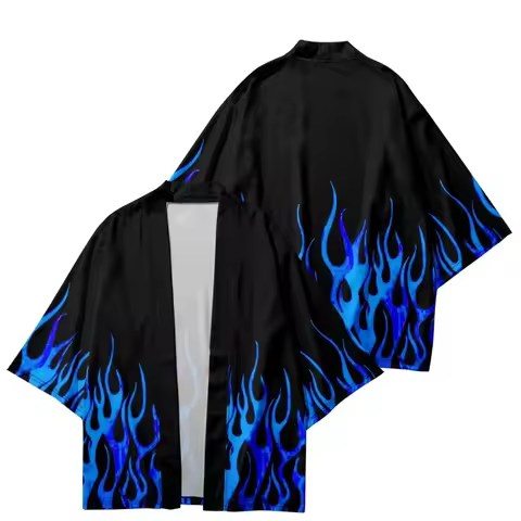 Fire and Ice Flame Japanese Kimono Men Women Colorful Yukata Cardigan Shirts Haori Streetwear Tops A