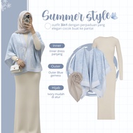 Women's 3-in-1 Beach Outfit Set [Outer Arwen Motif + Inner Dress + Hijab Bella Square] Ootd LM206