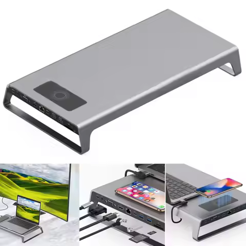 Aluminum Monitor Stand Docking Station with USB C Hub Support 4K HDMI VGA TF Card Wireless Charge La