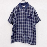 90年代Burberry短袖格紋襯衫，寬鬆版型，海軍藍，L碼，古著