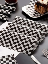 1組/100入黑白格子防油紙墊,適用於廚房盤子、漢堡、薯條和麵包籃