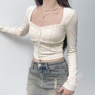 JEREMY1 Sexy Crop Top, White Bow Square Neck T-shirt, Sweet Lace Slim Korean Style Skinny Crop Top Women