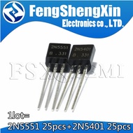 50pcs/lot 25pcs 2N5551+25pcs 2N5401 TO-92 5551 5401 Transistors