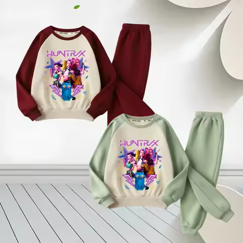K-POPcartoon Printed Spring Autumn Girls O Neck Hoodies Sets Children Sweatshirt Sweatpant 2pcs Suit