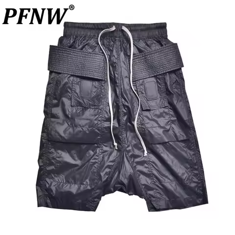 PFNW Dark Style Double Ring Fharem Knee Length Pants Summer High Street Fashion Drawstring Loose Fit