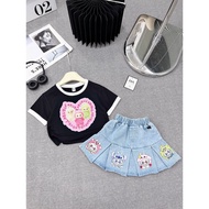 Set bộ bé gái CS442 set áo labubu cotton ngắn tay chân váy bò mềm