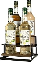 J JACKCUBE DESIGN Coffee Syrup Bottle Holder Rack, Rustic Wood and Black Metal Wire 2 Tier 4 Syrup, 