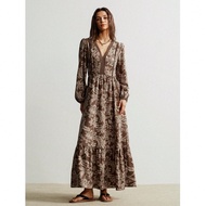 Bohemian Style Hollow Lace V-Neck Casual Long Sleeve Classic Brown Dress, Suitable For Easter Beach 