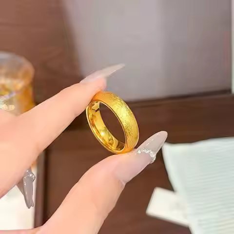Female 24K Gold AU999 Brushed Plain Band Ring, premium all-match solid gold accessory
