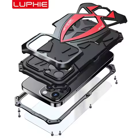Luphie Metal Armor For iphone 17 Pro Max Metal Case 16 15Pro 14 13 Case Military Shockproof Rubber F