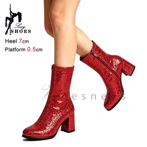 2026 Autumn Bling Party Red Short Boots 7CM High Heels For Woman Square Toe Block Heel Sparkling Sta