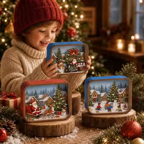 3D Scene Christmas Music Box Wind-up Rotating Wooden Music Box Xmas Tree Tabletop Musical Ornament G